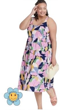 Ava & Viv ~ Sundress ~ Multicolored ~ Floral & Abstract ~Tiered ~Midi ~ Smocked